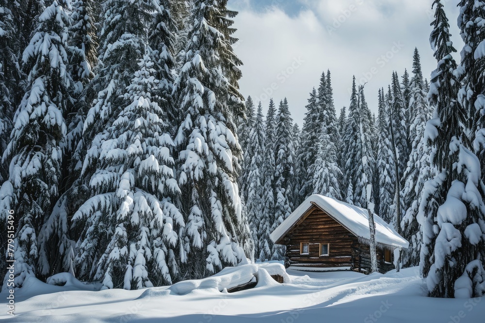Snow-covered cabin, Tiny cabin surrounded by snow-covered pines in winter, AI generated Snow-covered cabin, Tiny cabin surrounded by snow-covered pines in winter, AI generated