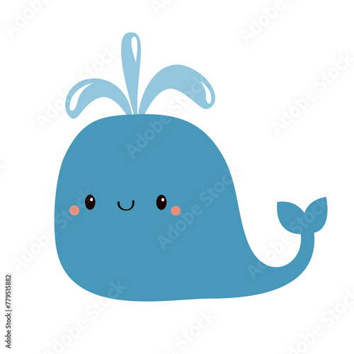 Blue whale with water fountain toy icon. Sea ocean animal fish life. Cute cartoon kawaii funny character. Smiling face. Kids baby animal collection. Childish style. Flat design White background Vector