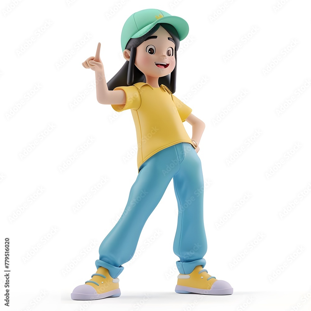 A cheerful Asian girl, dressed in fashionable casual clothes, stands pointing the way in a 3D render. A cheerful Asian girl, dressed in fashionable casual clothes, stands pointing the way in a 3D render.