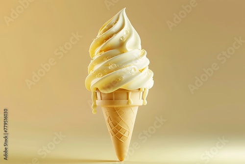 delicious vanilla ice-cream waffle cone with small drops on it isolated on creemy background, tasty fresh summer banner, sweet copy space card photo