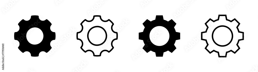 Gear vector icon. Cogwheel mechanism and cog signs. Simple settings button for web and apps illustration isolated in flat black line, outline, stroke and filled design. Gear vector icon. Cogwheel mechanism and cog signs. Simple settings button for web and apps illustration isolated in flat black line, outline, stroke and filled design.