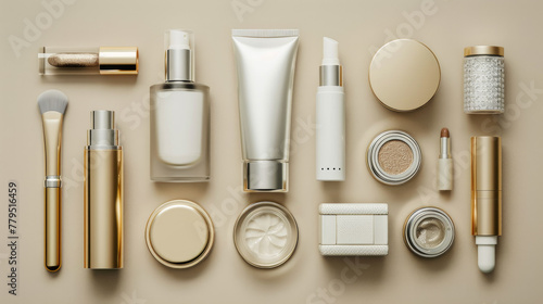 Set of luxury cosmetic products on beige background. Flat lay, top view.