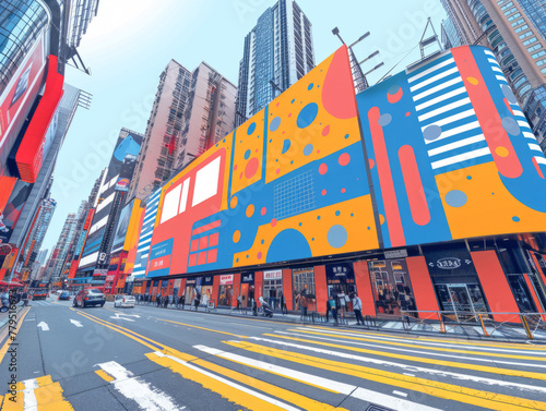 Vibrant geometric patterns on urban building facades in a bustling city street with zebra crossing. Modern cityscape concept for design and print