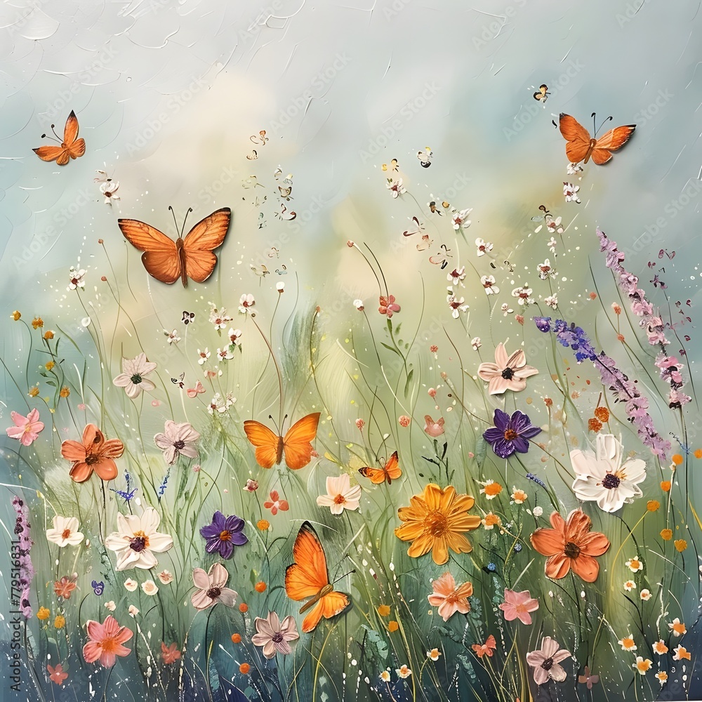 Oil painting of delicate wildflowers and orange butterflies, displaying a charming and lively meadow scene.