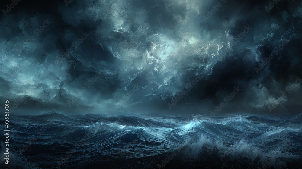 A stormy ocean with dark clouds and crashing waves