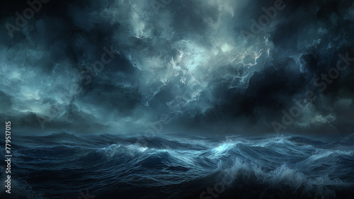 A stormy ocean with dark clouds and crashing waves