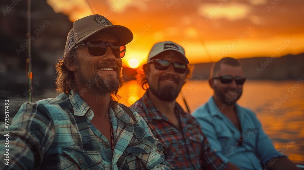 Group of Smiling Men Enjoying a Boat Ride at Sunset with Golden Hour Light Reflecting on the Water Group of Smiling Men Enjoying a Boat Ride at Sunset with Golden Hour Light Reflecting on the Water