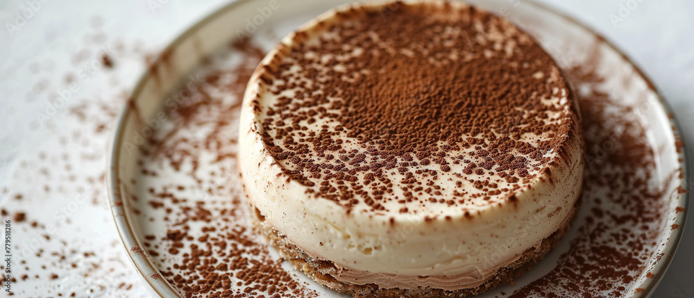 Italian tiramisu top view close-up on a white background, restaurant, food advertising Italian tiramisu top view close-up on a white background, restaurant, food advertising