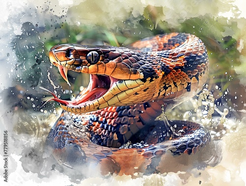 The snake roared in full. Charges sideways in front of the camera with a ferocious expression. The image was captured in a dynamic watercolor style.