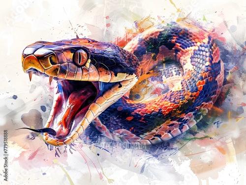 The snake roared in full. Charges sideways in front of the camera with a ferocious expression. The image was captured in a dynamic watercolor style.