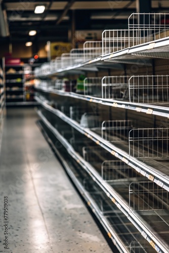 Close-up on empty grocery shelves, economic hardship
