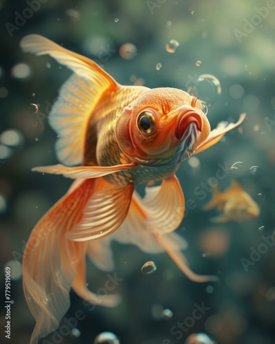 A close up of a goldfish swimming in water with bubbles. Generative AI.