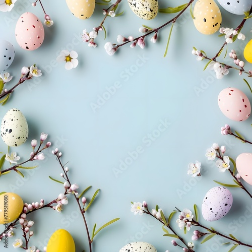 Spring design with colorful Easter eggs and flowering branches on a light blue background, suitable for an Easter card or decorative element.