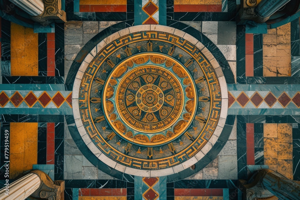 Mandala floor art captured from above, featuring geometric patterns in natural tones. generative ai