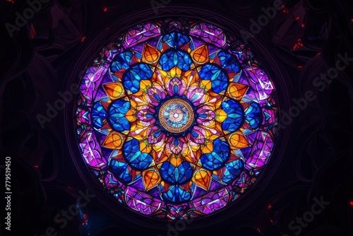 Neon mandala mimicking stained glass with Egyptian-inspired art and symmetry. generative ai