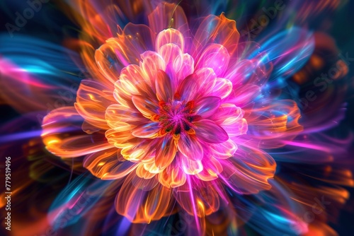 A dahlia-like mandala in fluorescent orange and pink with neon glow. generative ai