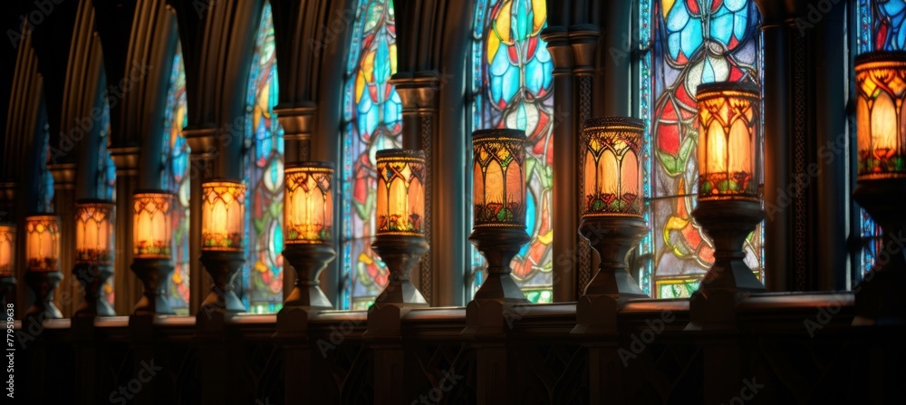 A row of stained glass windows with lamps in front. Generative AI.
