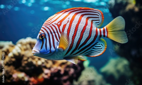 A striped fish swimming in the ocean near some coral. Generative AI. © serg3d