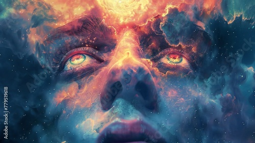 A striking and colorful representation of a persons face surrounded by cosmic imagery  featuring bright elements and intricate details that suggest a deep connection with the universe.