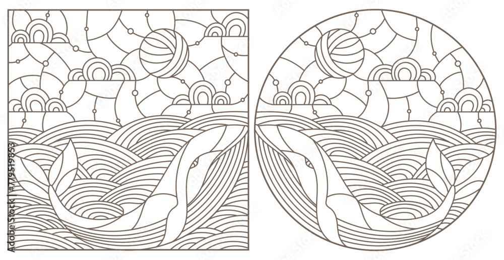 Set contour illustrations with whales on the waves and the sky , the dark outline on a white background