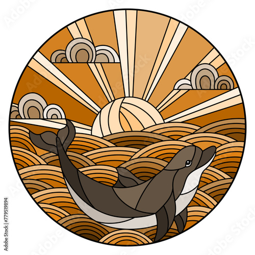 Illustration in stained glass style dolphin into the waves, Sunny sky and clouds, round image, tone brown