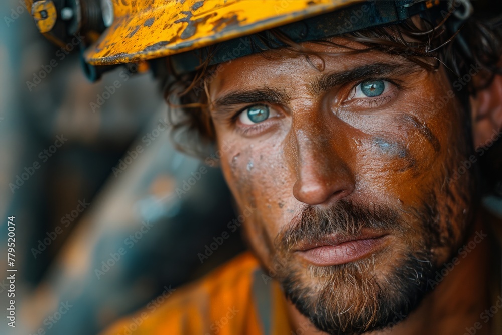 Close-up of a hard-looking man with dirt on his face, wearing a yellow construction helmet Close-up of a hard-looking man with dirt on his face, wearing a yellow construction helmet