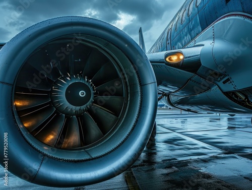 A close up of a jet engine on the ground. Generative AI.