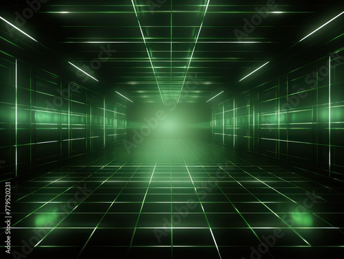 green light grid on dark background central perspective, futuristic retro style with copy space for design text photo backdrop