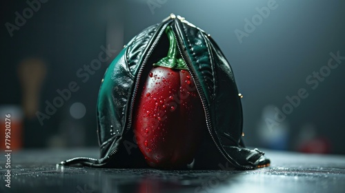 A green zipper bag with a red pepper inside of it. Generative AI. photo