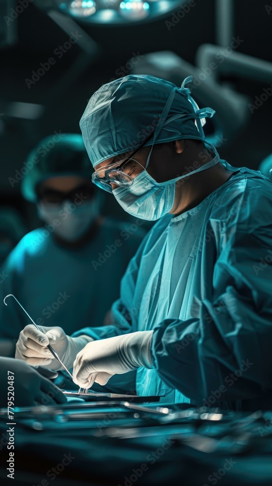 A surgeon in a surgical room performing surgery on an individual. Generative AI.