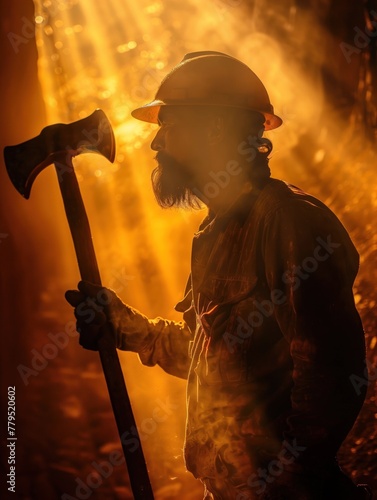 Gold Miner, Pickaxe, Hardworking, A society reliant on gold mining, Clad in rugged attire, Photography, Silhouette Lighting, HDR, Over-the-shoulder shot photo