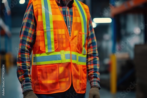 High visibility vest on engineer, crucial safety gear, engineer, clothing, safety, equipment, reflective, construction, workwear, high, uniform, protection, personal, industrial, worker, attire, secur photo