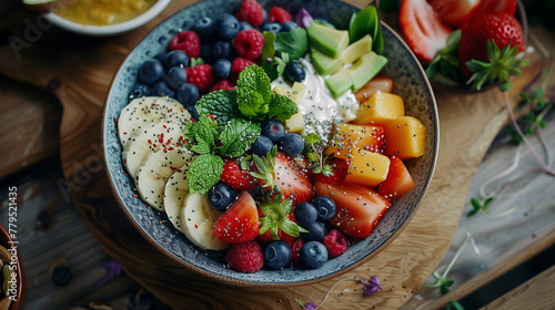 A colorful bowl of fresh fruits, like strawberries and blueberries, with chia seeds or honey in the center.