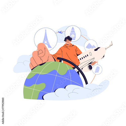 Air trip concept. People make choice of country to travel. Tourist in flight on aircraft. Character chooses direction of journey on globe to fly by plane. Flat isolated vector illustration on white
