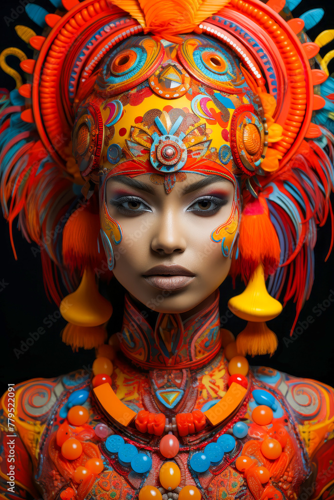 A captivating portrait featuring a person with elaborate tribal makeup and a vibrant, ornate headdress in rich, warm colors.

