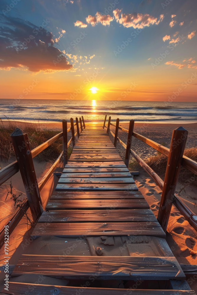 Obraz premium A wooden walkway at a beach during the sunrise