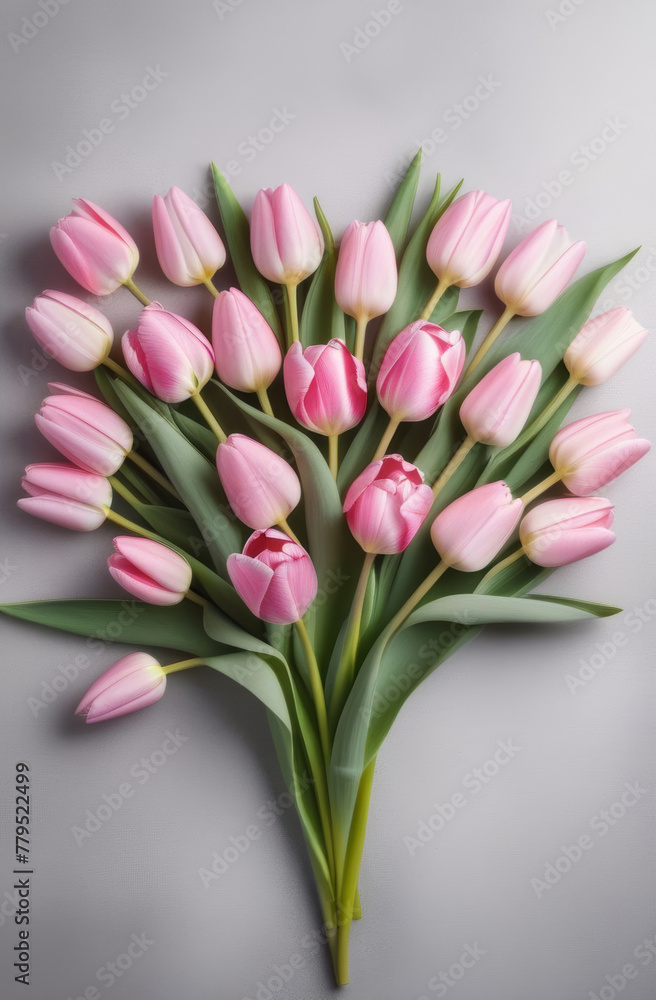 Obraz premium Delicate neat bouquet of light pink tulips on a gray concrete background. View from above.