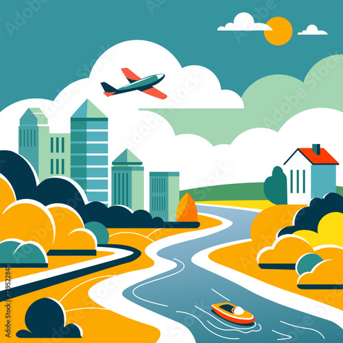 Urban River Aerial Cityscape View