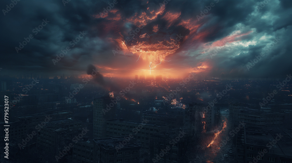 A city is destroyed by a nuclear bomb A city is destroyed by a nuclear bomb
