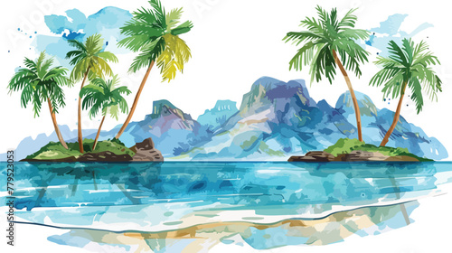 Watercolor seascape with palms and views Flat vector