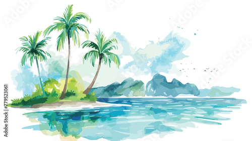 Watercolor seascape with palms and views Flat vector