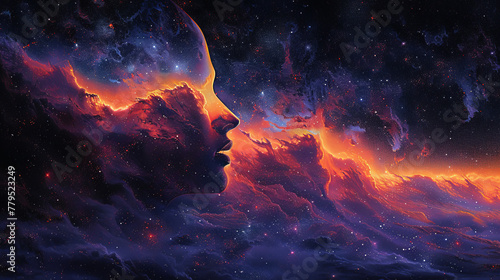 A painting of a person's face in the sky with clouds and stars