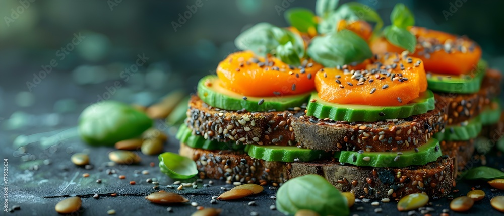 Avocado toast with pumpkin seeds on rye bread Vegetarian plantbased and clean. Concept Food, Avocado Toast, Vegetarian, Plant-based, Clean Eating