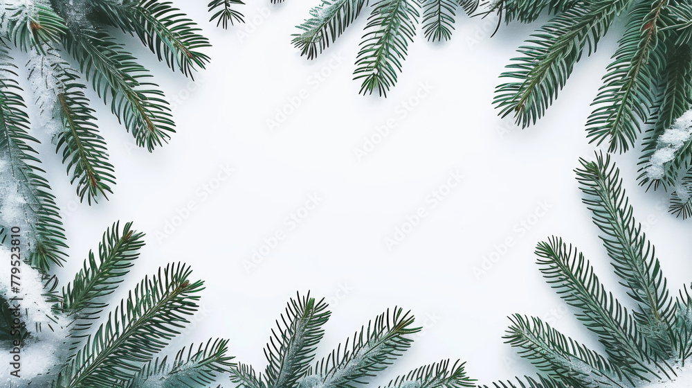 A white background with a frame of evergreen branches