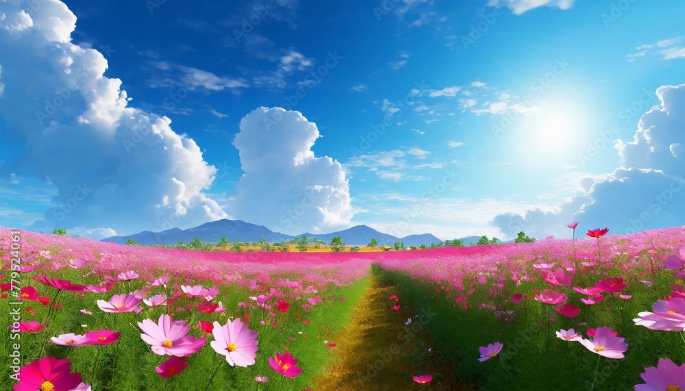 blue sky and beautiful clouds ,Cosmos flower field
