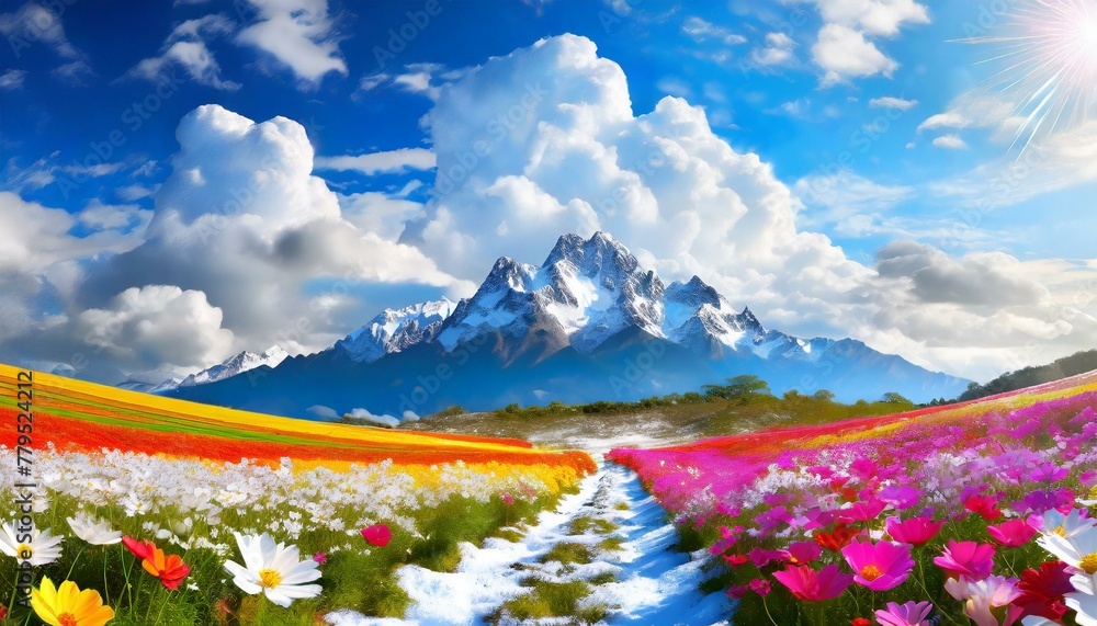 blue sky and beautiful clouds ,Cosmos flower field