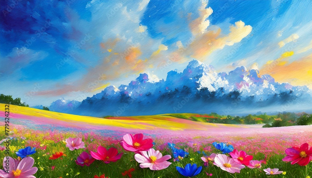 blue sky and beautiful clouds ,Cosmos flower field