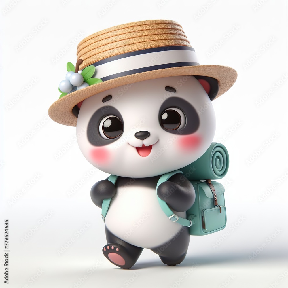 Cute character 3D image of A little panda is wearing a hat and carrying a backpack on the way to school, funny, smile, happy white background Cute character 3D image of A little panda is wearing a hat and carrying a backpack on the way to school, funny, smile, happy white background