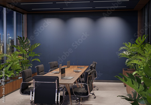 Empty blue office wall mockup at night with modern wooden furnitures and plants. 3D rendering photo