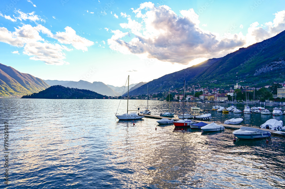 Lake Como, Tremezzo, the marina, the tip of Balbianello and the mountains above.